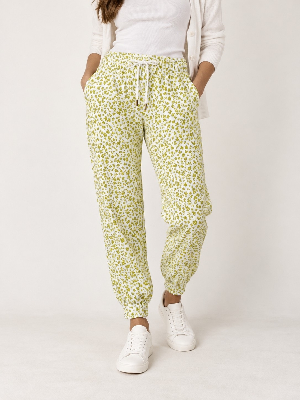 Ann Taylor Petite Floral Cotton Jogger Pants Pull On Green White MP Drawstring